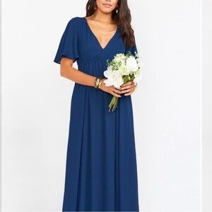 Show Me Your Mumu Emily maxi dress in crisp navy with flutter sleeves
